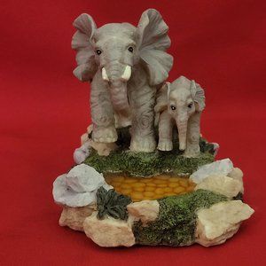 VTG Ceramic Elephant Mom Baby Drinking from Waterhole Figurine
